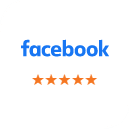 Facebook logo with five orange stars displayed below it, indicating a five-star rating.