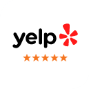 Yelp logo with five orange stars beneath it, indicating highest customer rating.